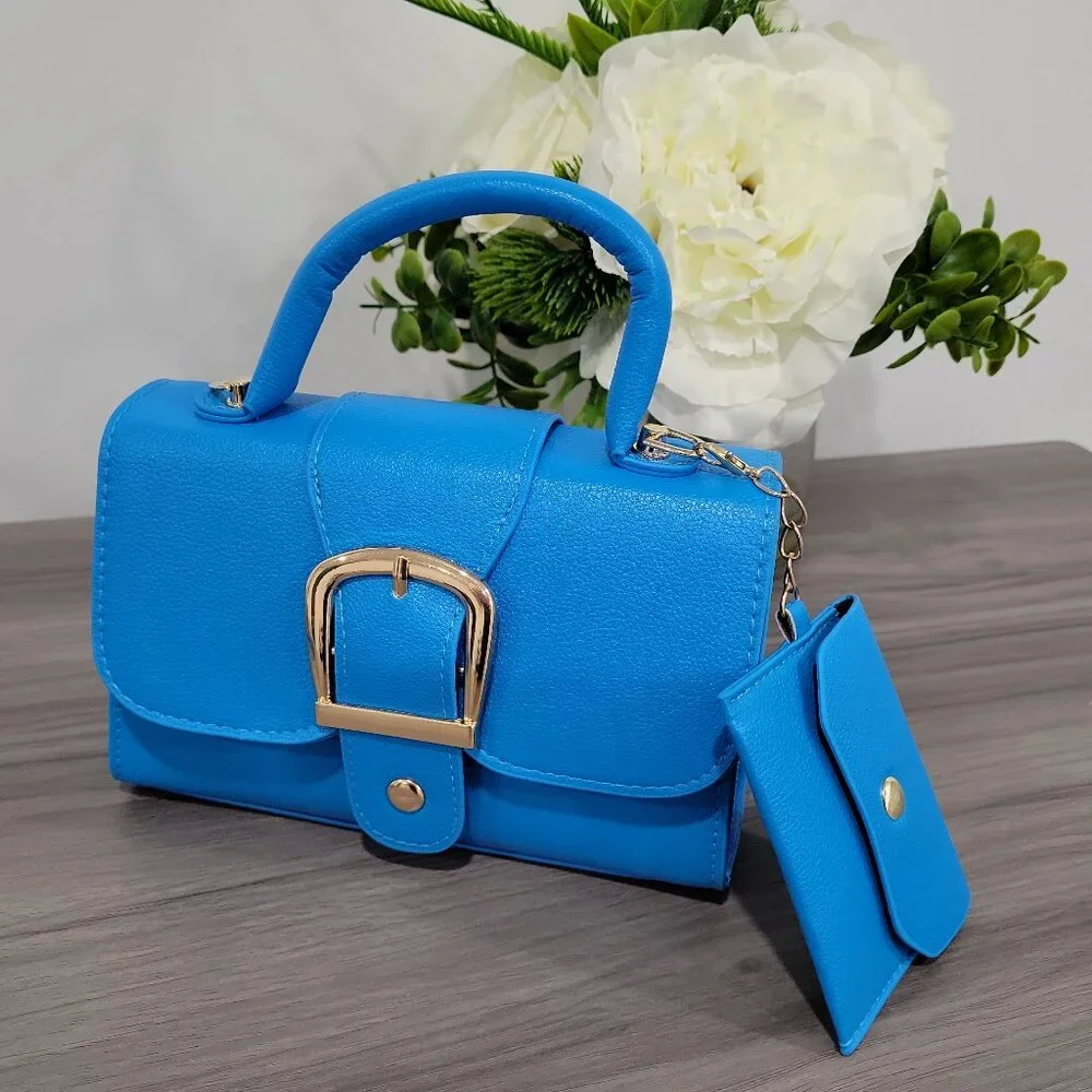Blue Retro Style Buckle Small Handbag Purse w/Detachable Mini coin wallet - Picture 5 of 10